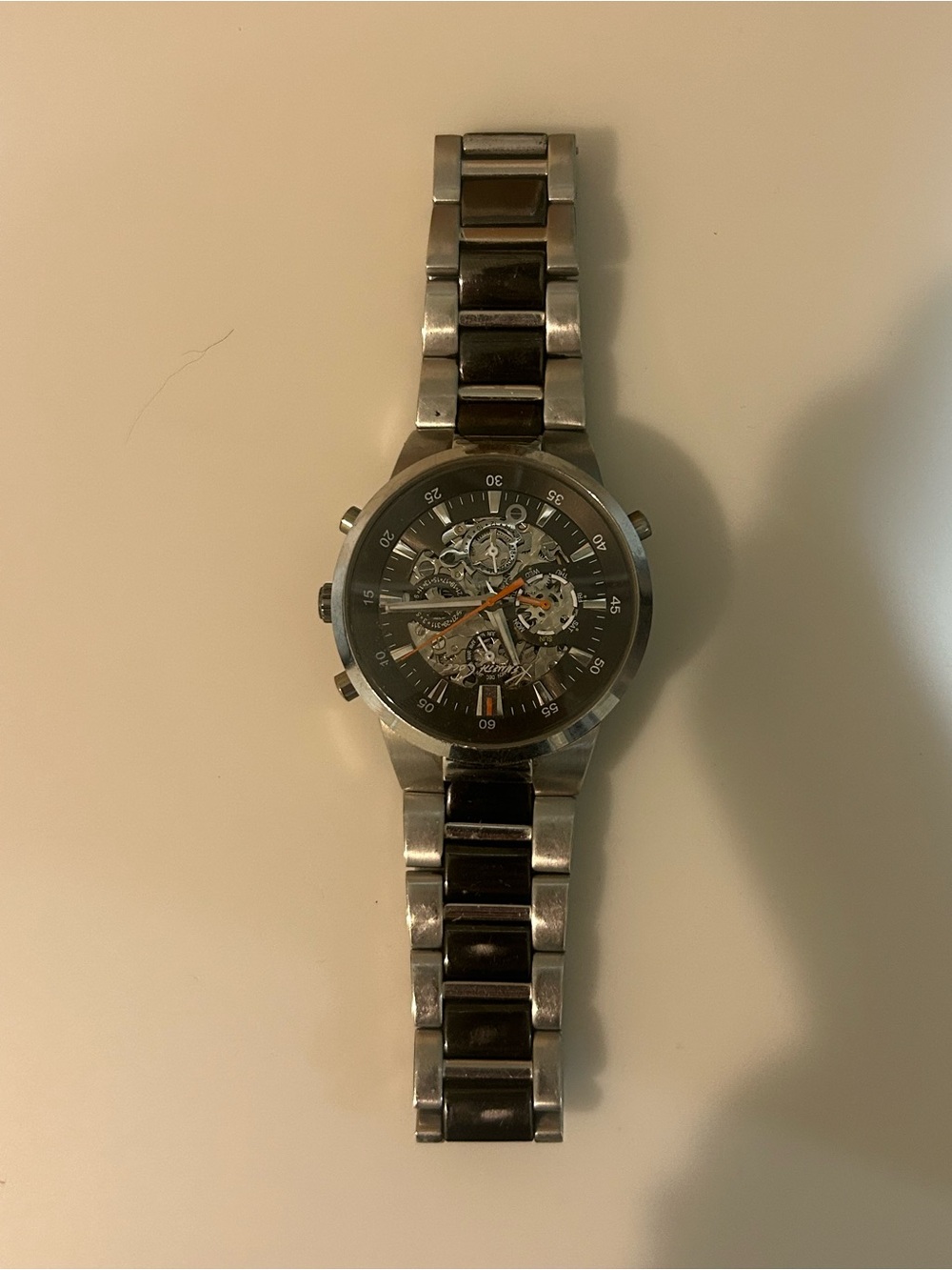 Kenneth Cole Skeleton Dial Stainless Steel Watch with Black Links